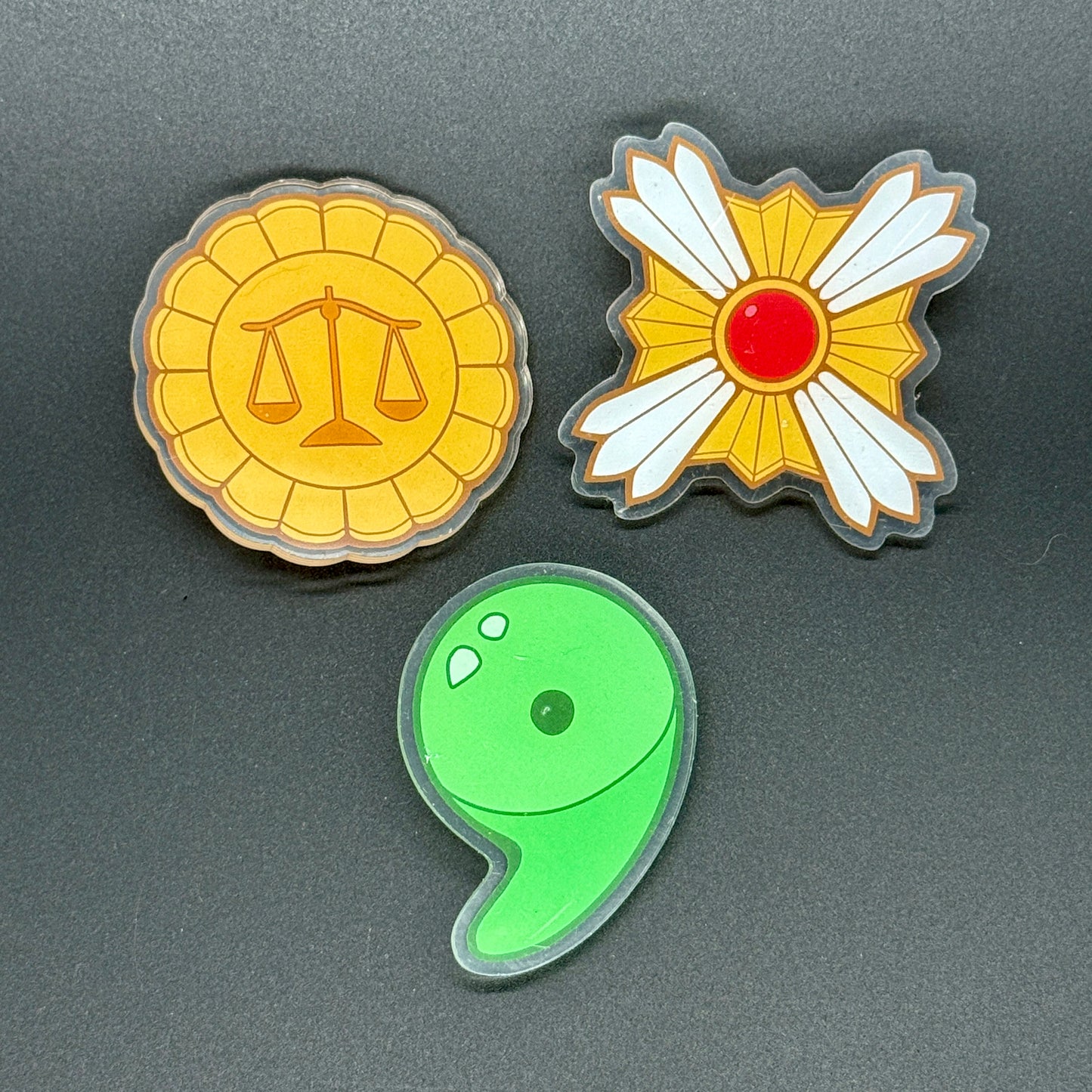 Ace Attorney Badges and Magatama Acrylic Pins
